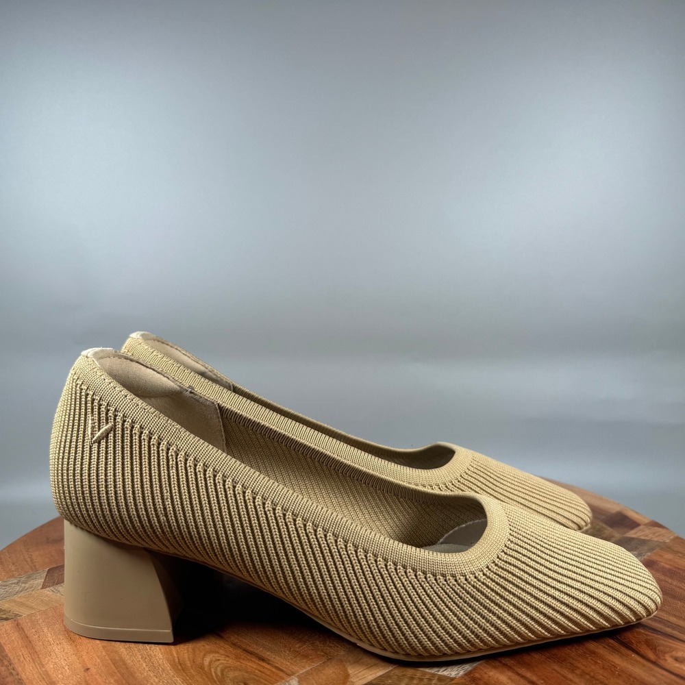 Vivaia Margot 2.0 Square Toe Block Heel Tan Ribbed Knit Pumps Size 37 US 6.5-7